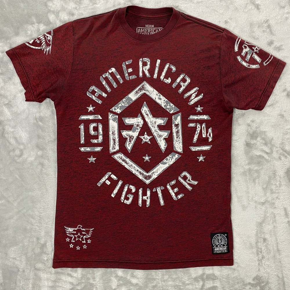 American Fighter T-Shirt Men Medium Dark Cherry Red Silver Foil FM 10543 Graphic